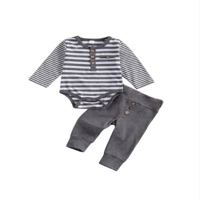 2Pcs/Set Newborn Baby Boys Outfit Long Sleeve Striped Bodysuit Romper Solid Pants Fall Winter Clothes (Gray, 12-18 Months)