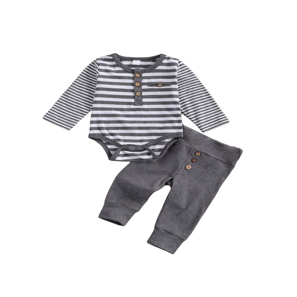 2Pcs/Set Newborn Baby Boys Outfit Long Sleeve Striped Bodysuit Romper Solid Pants Fall Winter Clothes (Gray, 12-18 Months)