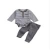 2Pcs/Set Newborn Baby Boys Outfit Long Sleeve Striped Bodysuit Romper Solid Pants Fall Winter Clothes (Gray, 12-18 Months) view 1