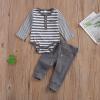 2Pcs/Set Newborn Baby Boys Outfit Long Sleeve Striped Bodysuit Romper Solid Pants Fall Winter Clothes (Gray, 12-18 Months) view 3