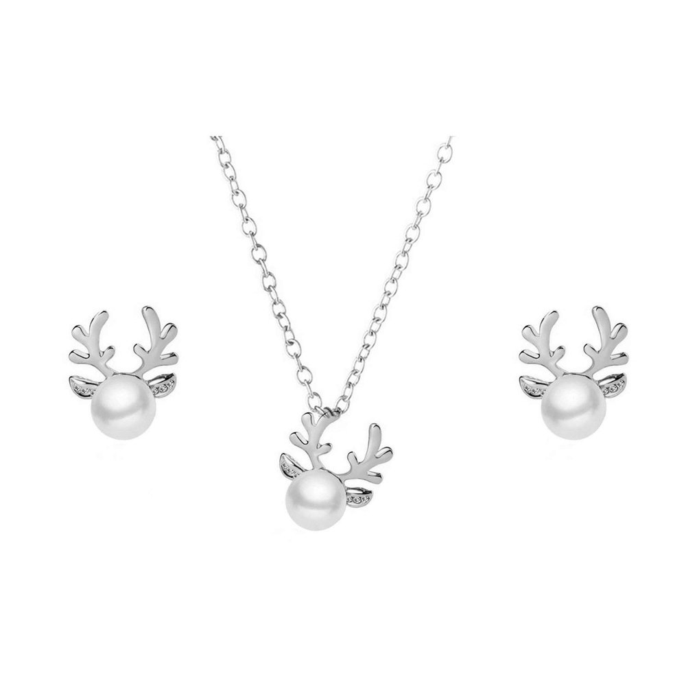 COLORFUL BLING Christmas Crystal Reindeer Stud Earing Necklace Set Cute Small White Pearl Studs Earing Antler Deer Pendant Necklace Earpin Xmas Birthday Gift for Women-Silver