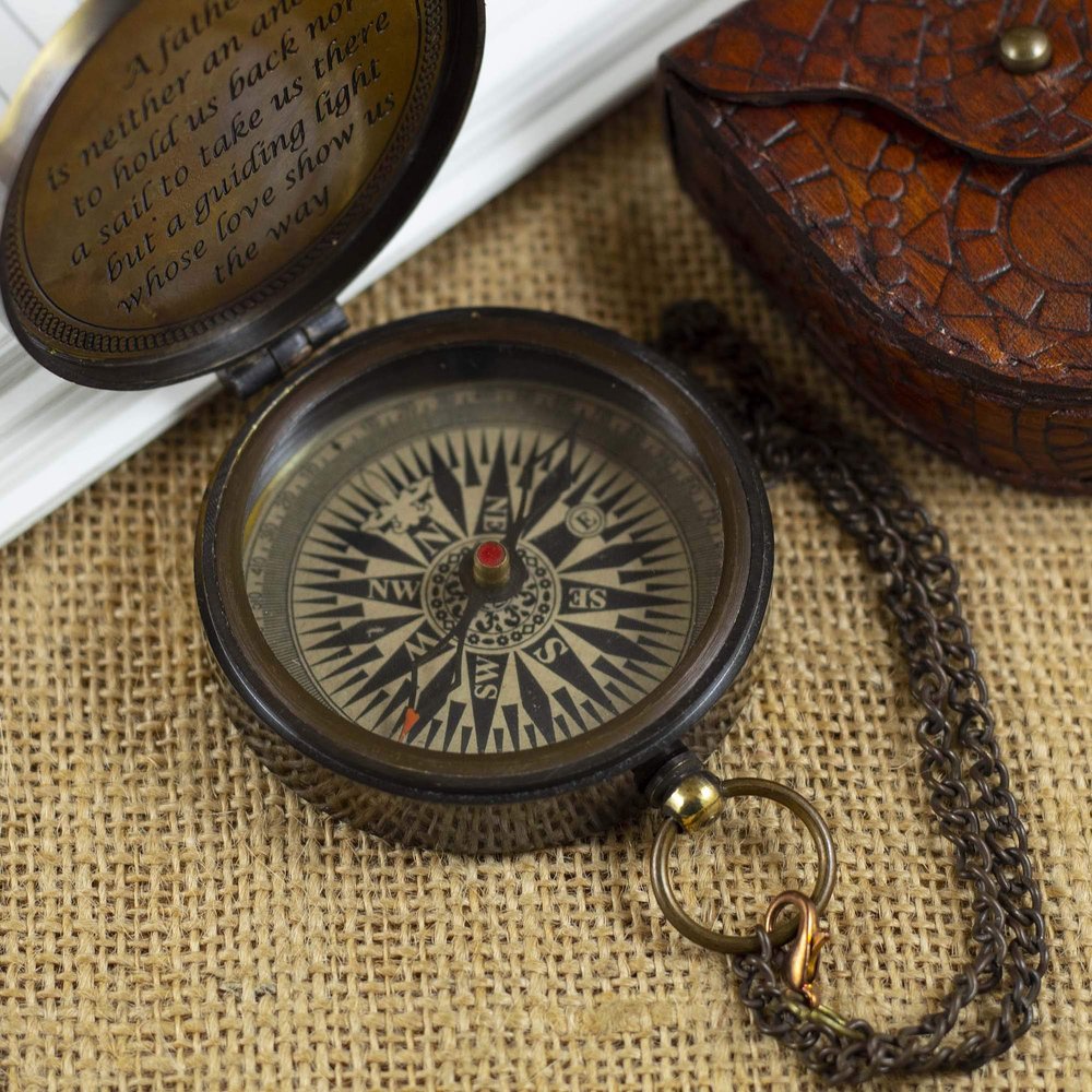 Calyron Brass 2.25" Pocket Compass with Chain Nautical Boat Decor Antique Steampunk Style Engraved Gifts Sailor Gift Ideas Directional Pirate Hiking Travel Camping Compass