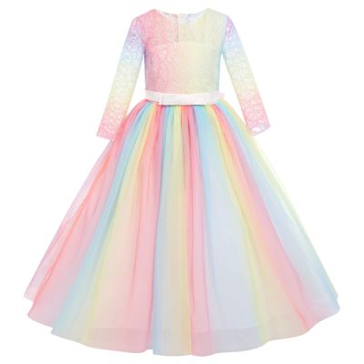 Rainbow Flower Girl Long Princess Dress Vintage Lace Maxi Gown Kids Formal Wedding Bridesmaid Pageant Tulle Dresses Big Girls Bowknot Dance Communion Birthday Prom Dresses Colorful Pink 13-14 Years