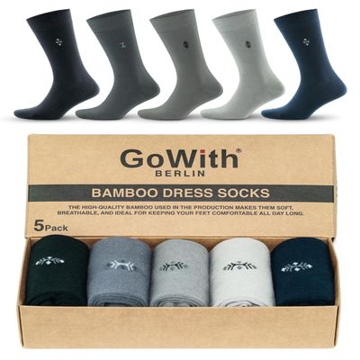 GoWith 5 Pairs Mens Dress Socks, Soft Comfortable Lightweight Crew Thin Breathable Calf Socks, Rayon Made from Bamboo, Assortie, M/L, 3558