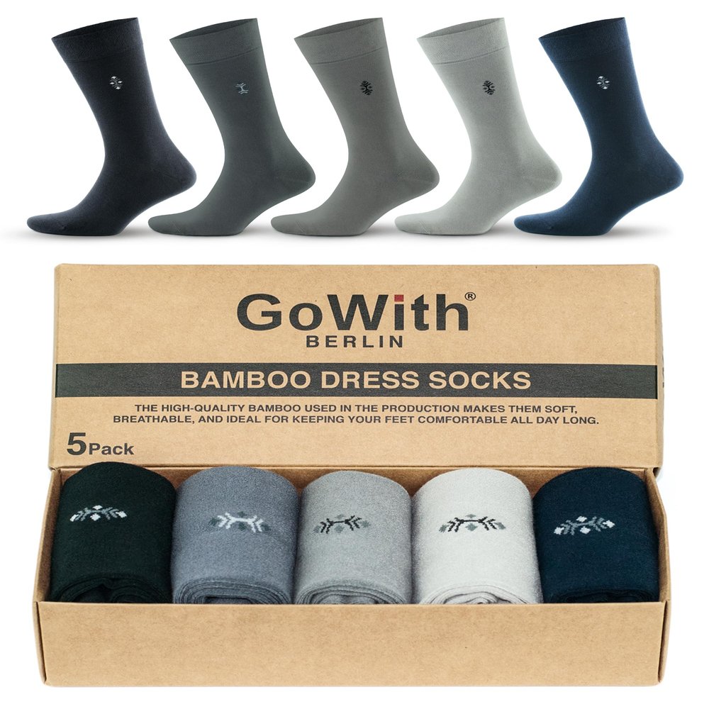 GoWith 5 Pairs Mens Dress Socks, Soft Comfortable Lightweight Crew Thin Breathable Calf Socks, Rayon Made from Bamboo, Assortie, M/L, 3558