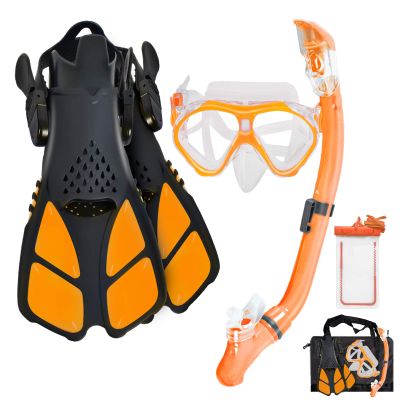 Aisrida Kids Snorkeling Set Children Mask Fin Snorkel Set Snorkeling Gear Snorkel Mask + Adjustable Swimming Kids Flippers+ Dry Snorkel Tube + Travel Bags (Orange)