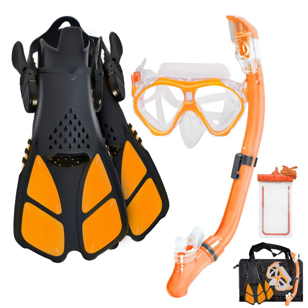 Aisrida Kids Snorkeling Set Children Mask Fin Snorkel Set Snorkeling Gear Snorkel Mask + Adjustable Swimming Kids Flippers+ Dry Snorkel Tube + Travel Bags (Orange)