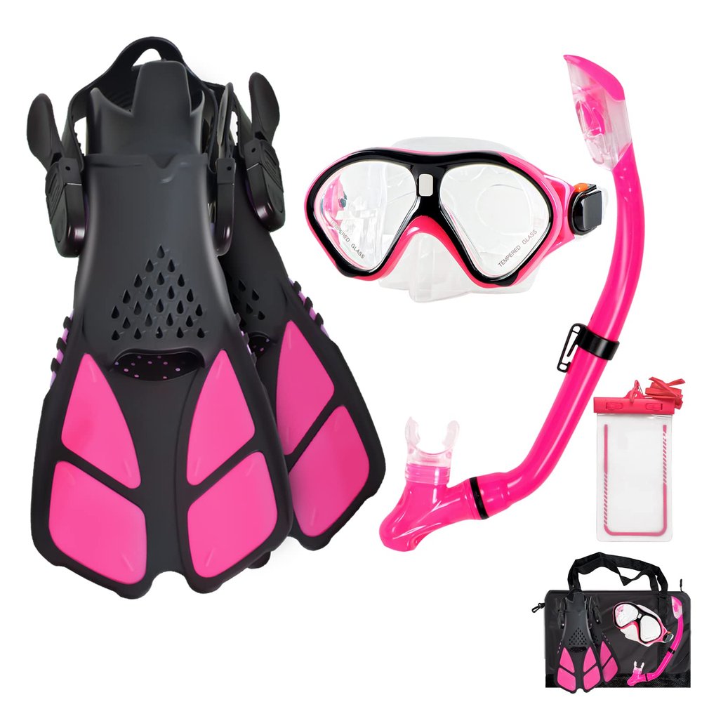 Aisrida Kids Snorkeling Set Children Mask Fin Snorkel Set Snorkeling Gear Snorkel Mask + Adjustable Swimming Kids Flippers+ Dry Snorkel Tube + Travel Bags (Red)