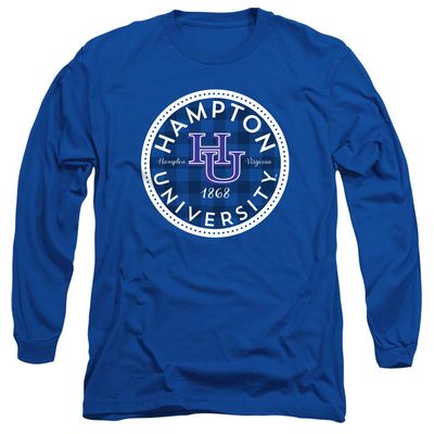 Hampton University Official Plaid Badge Unisex Adult Long-Sleeve T Shirt, Royal Blue, 3X-Large