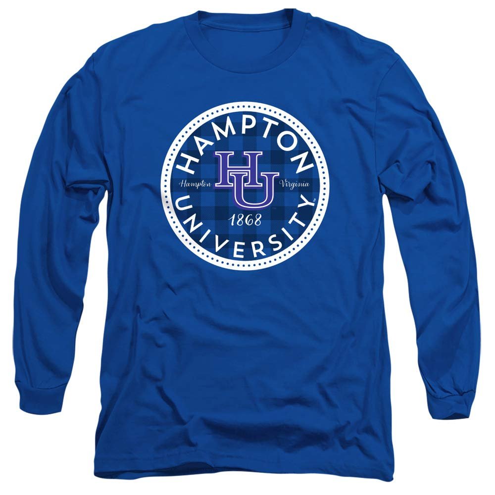 Hampton University Official Plaid Badge Unisex Adult Long-Sleeve T Shirt, Royal Blue, 3X-Large