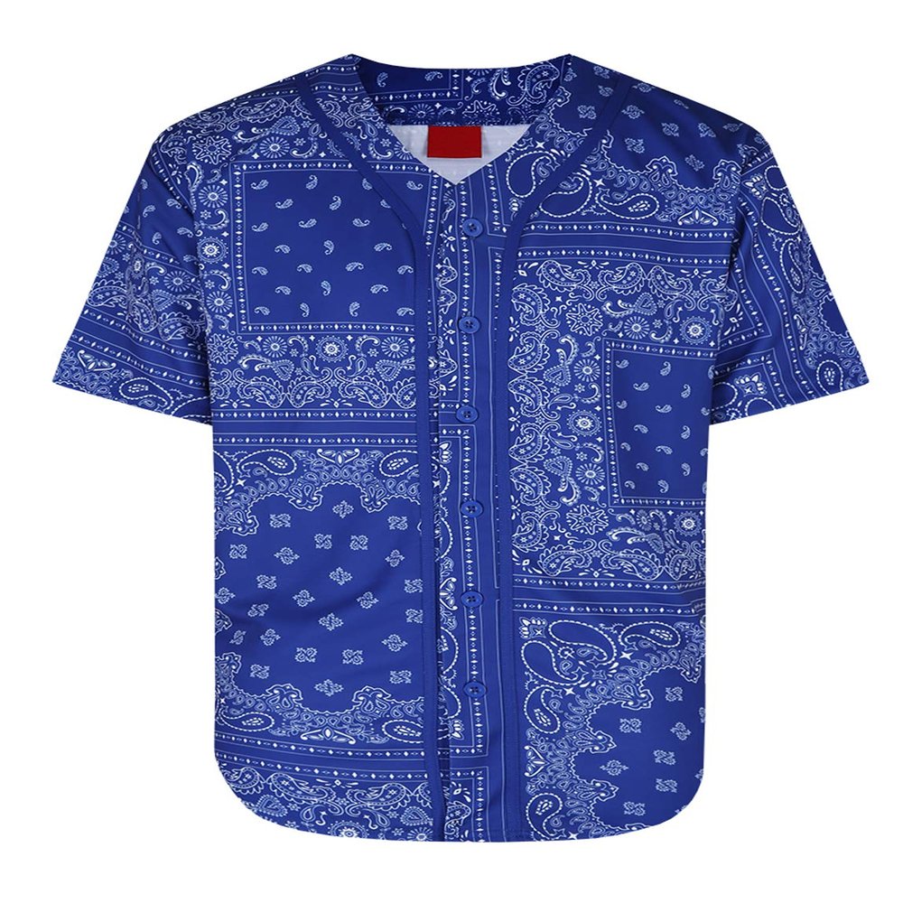 AIRNINE Men's Bandana Print Baseball Jersey Button Down Shirts (S to 5XL) (Bandana Blue_J47, 4X-Large)