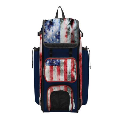 Boombah Catcher's Superpack Bat Bag 23-1/2" x 13-1/2" x 9-1/2" - USA Old Glory Navy/Red/White - Holds 4 Bats - Backpack Version (no Wheels)