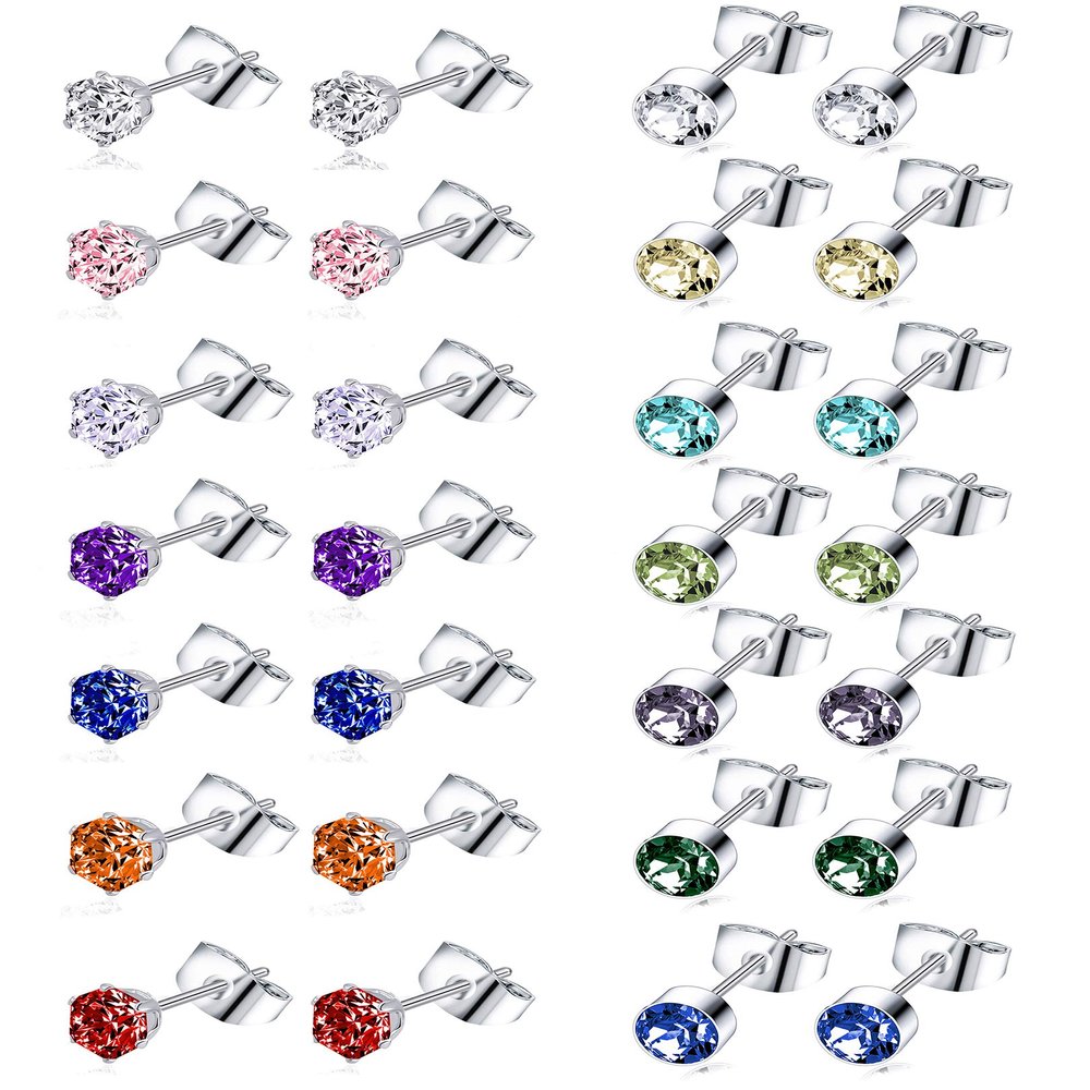 Tornito 14 Pairs Stainless Steel CZ Stud Earrings for Women Multicolor Cubic Zirconia Cartilage Helix Earrings Set Screwback 4MM