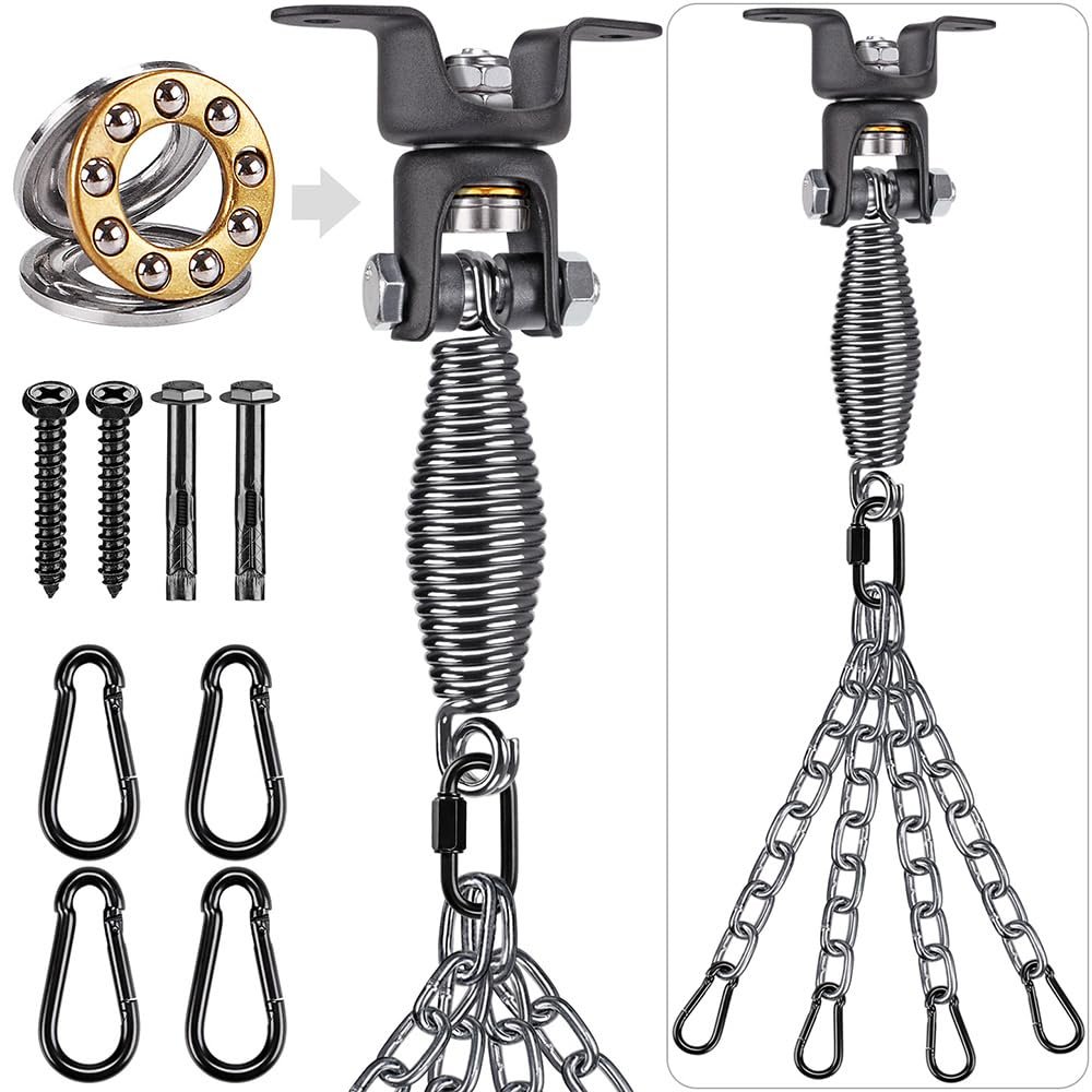 BeneLabel Heavy Duty Boxing Punching Bag Hanger Chain with Spring, 220 LB Capacity, 360 Rotation Wood Beam Holder with 4 Chains and 4 Carabiners, 2 Hexagon Wood Screws and 2 Expansion Screws.