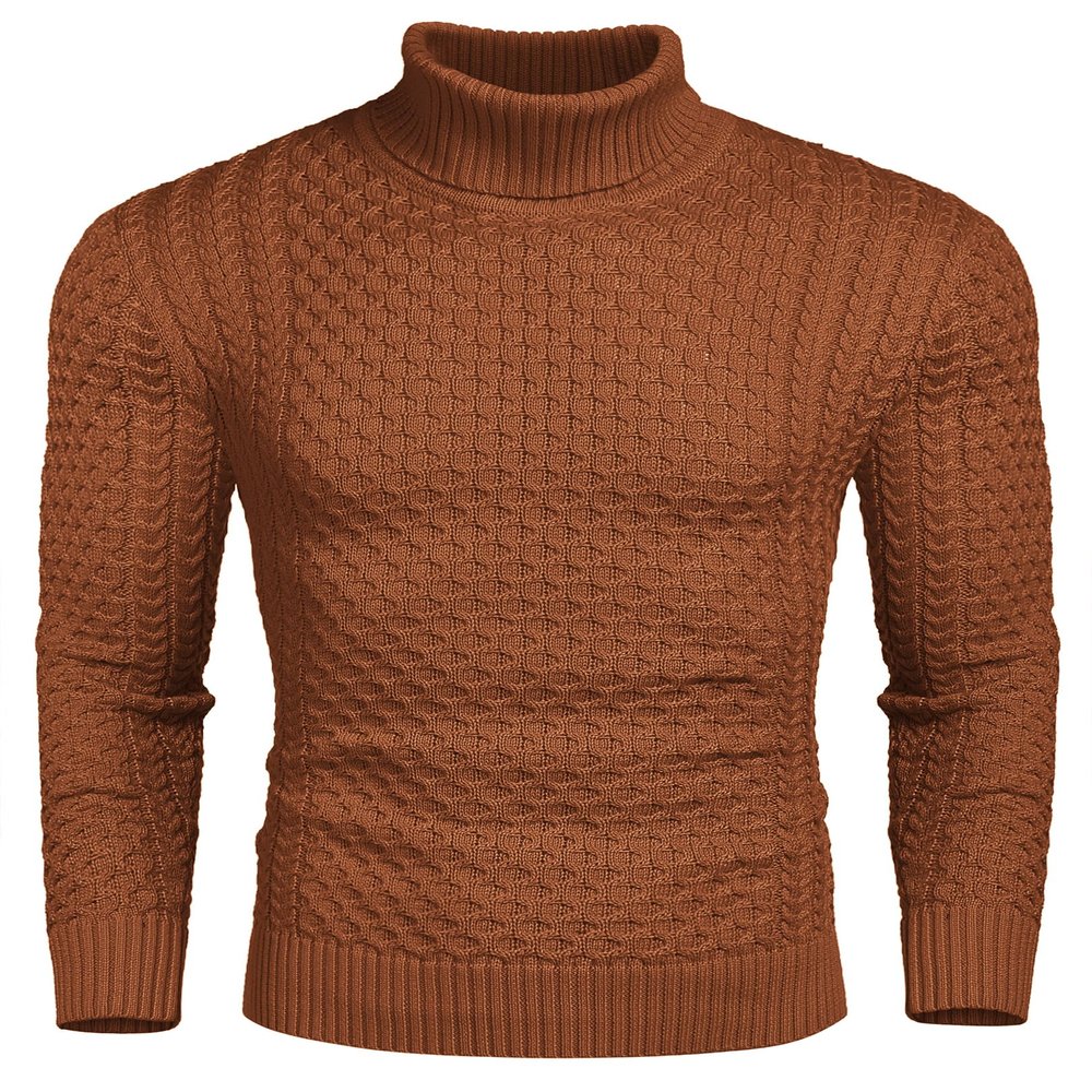 COOFANDY Men's Slim Fit Turtleneck Sweater Casual Knitted Twisted Pullover Solid Sweaters Red Bronze XX-Large