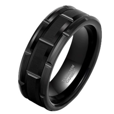 8mm Tungsten Rings for Men Wedding Bands Black Brick Pattern Brushed Finish Alternating Grooves Comfort Fit Size 7.5