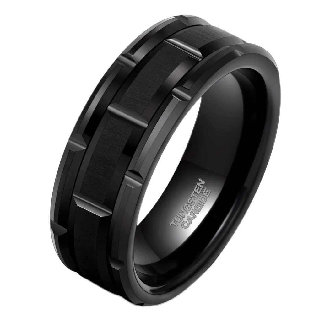 8mm Tungsten Rings for Men Wedding Bands Black Brick Pattern Brushed Finish Alternating Grooves Comfort Fit Size 7.5