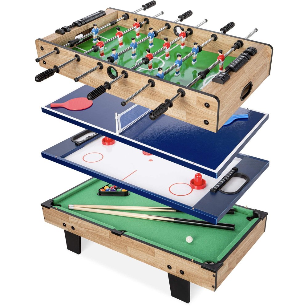 4-in-1 Kids 32" Multi-Game on Floor Table Set Air Hockey, Foosball, Table Tennis, Pool Billiards, Home Family Game Room Indoor Competition, Leisure Sports Sports Style, Wooden Table, Gift for Children