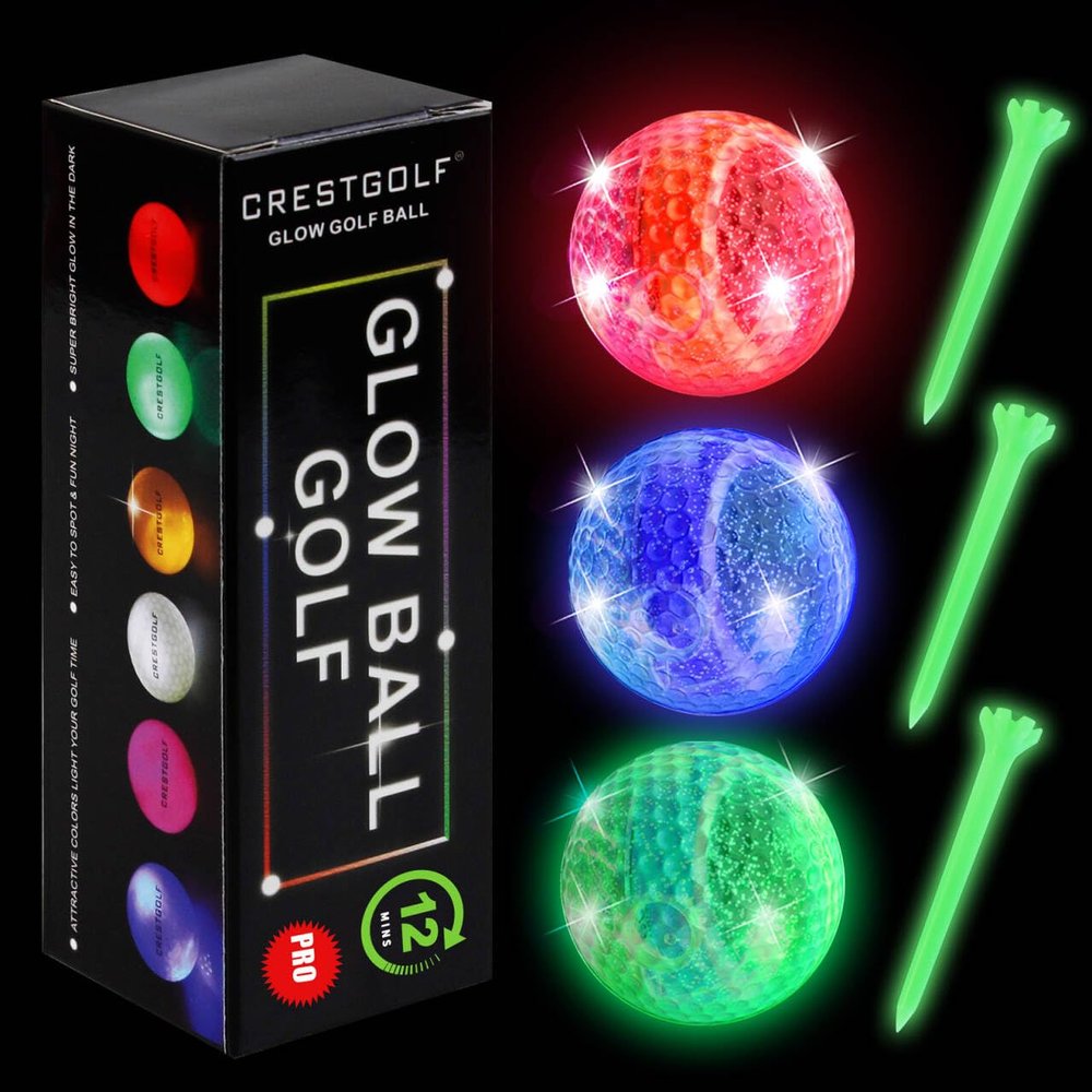 Crestgolf Glow in The Dark Golf Balls with Glow Tees, Super Bright Light Up LED Balls with 12-Minute Reset Timer, Fun Gift for Men and Women Kids, Backyard Putting Greens (Mixed Color, 3 PCS)