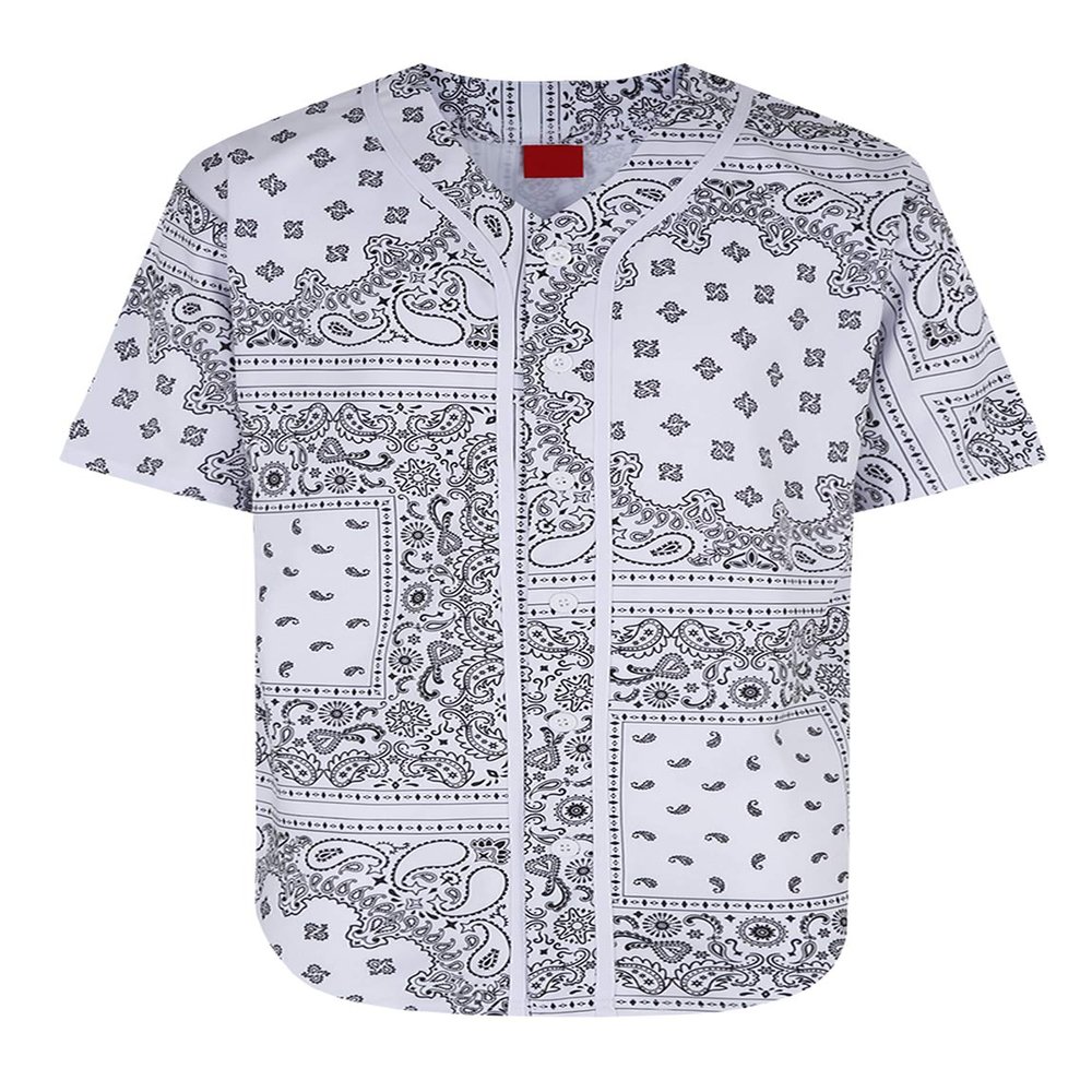 AIRNINE Men's Bandana Print Baseball Jersey Button Down Shirts (S to 5XL) (Bandana White_J47, 5X-Large)