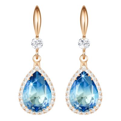 Linawe Rose Gold Dangle Imitation Diamond Wedding Earrings, Aquamarine Blue Earrings for Women Mom, Drop Chandelier Rhinestone Cubic Zirconia Crystal Teardrop Earrings Set