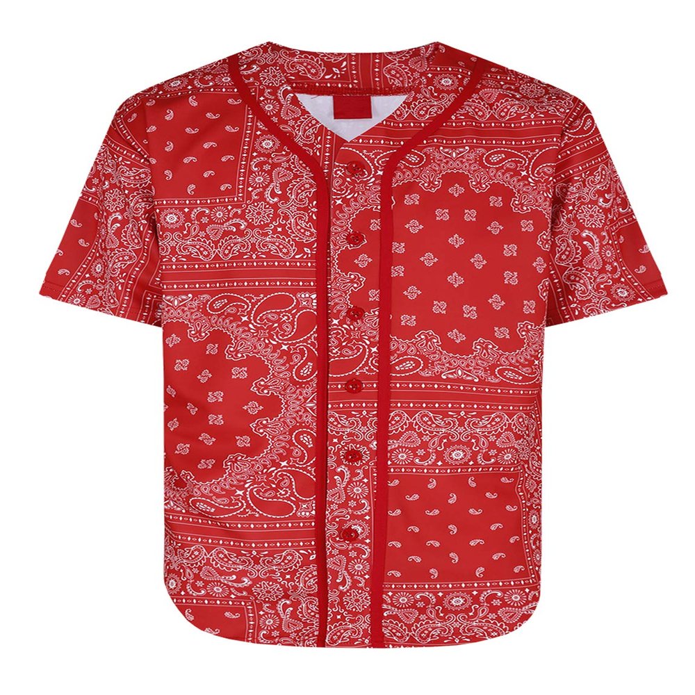 AIRNINE Men's Bandana Print Baseball Jersey Button Down Shirts (S to 5XL) (Bandana Red_J47, Large)