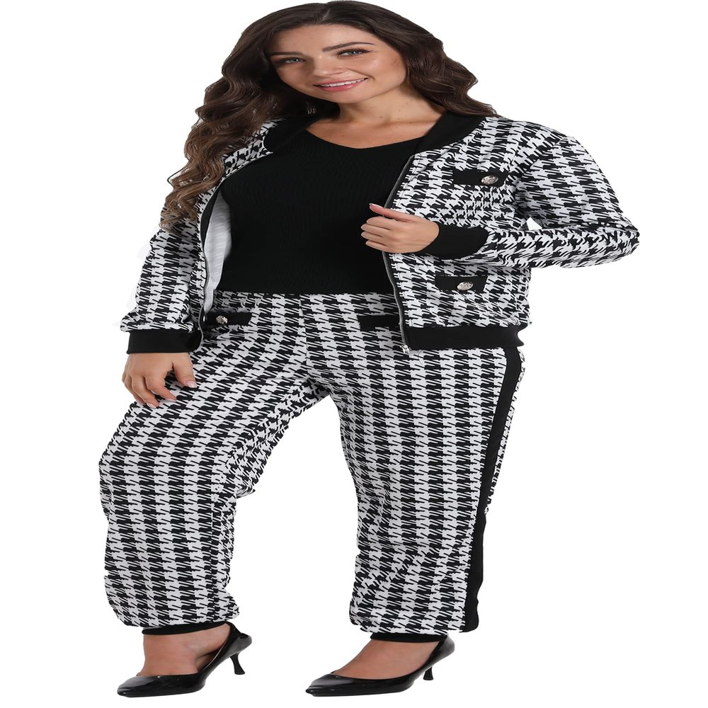 Hotheart Womens Sexy 2 Pieces Houndstooth Print Blazer Pants Suit Set Nightclub Tracksuit Outfit Set