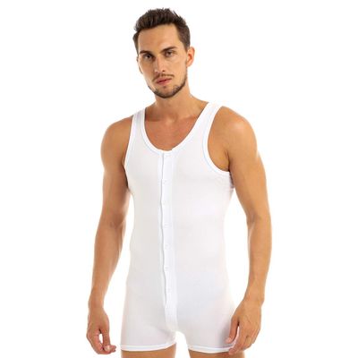 vastwit Men's Cotton Sleeveless Wrestling Singlet Bodysuit One Piece Button Down Boxer Shorts White Large