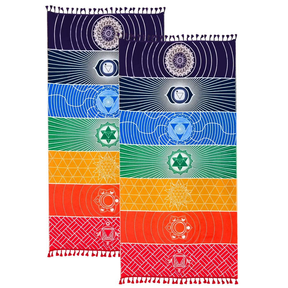 Neasyth 2Pcs Chakra Meditation Mat Yoga Rug Beach Sunscreen Shawl Spiritual Reiki Chakras Wall Decor Boho Pilates 59 in (Thin Polyester)
