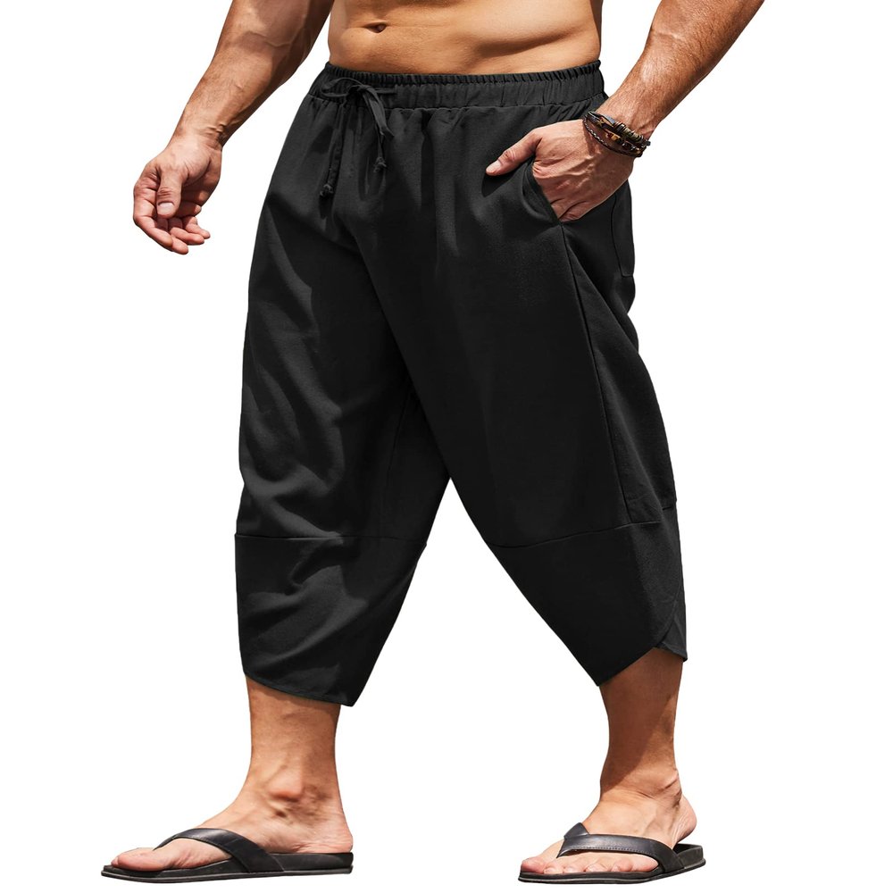 COOFANDY Men's Linen Harem Capri Pants Lightweight Loose 3/4 Shorts Drawstring Elastic Waist Casual Boho Beach Yoga Trousers Black