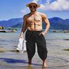 COOFANDY Men's Linen Harem Capri Pants Lightweight Loose 3/4 Shorts Drawstring Elastic Waist Casual Boho Beach Yoga Trousers Black view 3