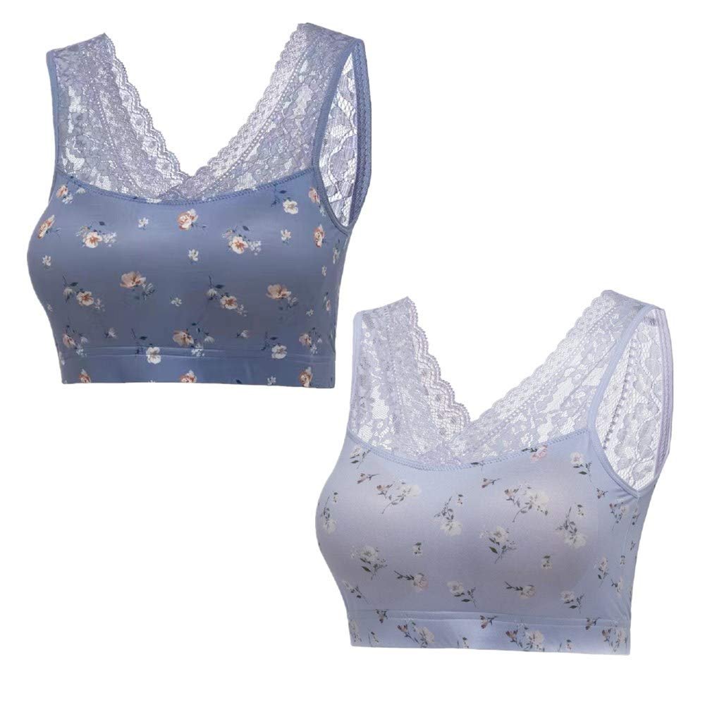 2Pack Women's Lace Floral Comfort Seamless Lightly Lined Bralette Cozy Bra with Removable Soft Cup for Sport, Yoga (M 32BC 34BC 34C, Blue/Light Purple)