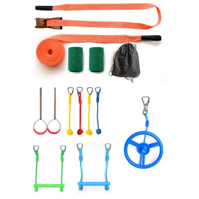 Ninja Warrior Training Equipment for Kids, 49 Ft Slackline with 9 Obstacles-gymnastics & Freestyle Ring/spinning Wheel/fists/monkey Bar/bag & Tree Protectors