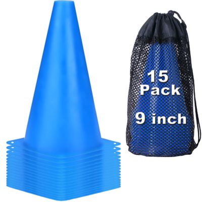 cyrico 9 Inch Cones Sports, 15 Pack Soccer Training Cones Agility Field Parking Safety Blue Plastic Traffic Cones for Football Basketball Drills, Indoor and Outdoor Games Activity