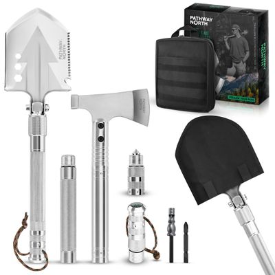 PATHWAY NORTH Survival Shovel and Camping Axe Stainless Steel Tactical Survival Multi-Tool and Survival Hatchet Equipment for Outdoor Hiking Camping Gear, Hunting, Backpacking Emergency Kit(Silver)
