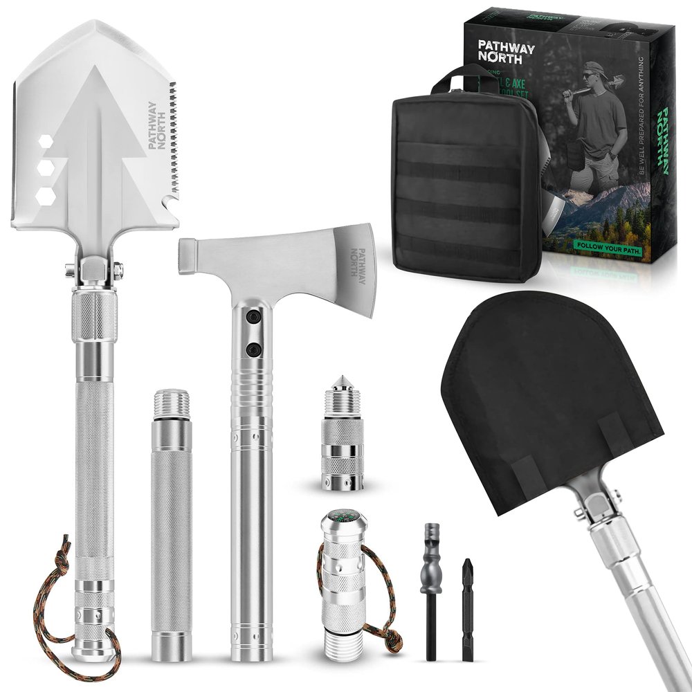 PATHWAY NORTH Survival Shovel and Camping Axe Stainless Steel Tactical Survival Multi-Tool and Survival Hatchet Equipment for Outdoor Hiking Camping Gear, Hunting, Backpacking Emergency Kit(Silver)