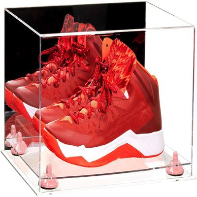 Better Display Cases Acrylic Shoe Pair Display Case - Large Rectangle Box with Mirror Case, Clear Base and Pink Risers 15.25" x 12" x 9" (A082/V13)
