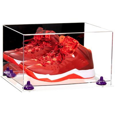 Better Display Cases Acrylic Shoe Pair Display Case - Large Rectangle Box with Mirror Case, Clear Base and Purple Risers 15.25" x 12" x 9" (A082/V13)
