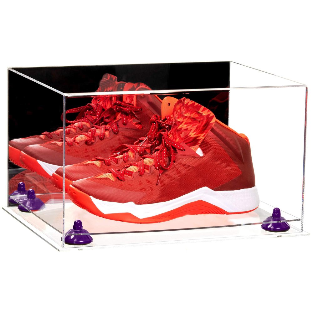 Better Display Cases Acrylic Shoe Pair Display Case - Large Rectangle Box with Mirror Case, Clear Base and Purple Risers 15.25" x 12" x 9" (A082/V13)