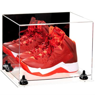 Better Display Cases Acrylic Shoe Pair Display Case - Large Rectangle Box with Mirror Case, Clear Base and Black Risers 15.25" x 12" x 9" (A082/V13)