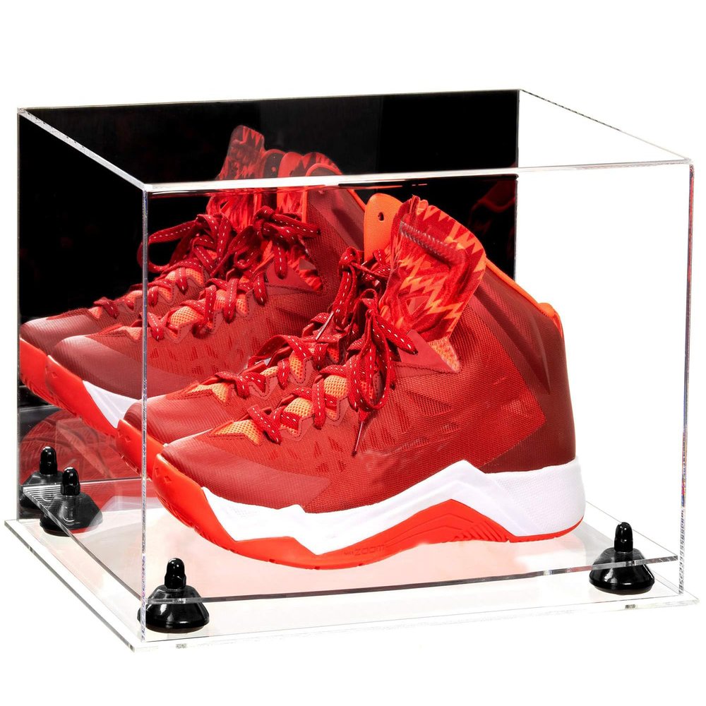 Better Display Cases Acrylic Shoe Pair Display Case - Large Rectangle Box with Mirror Case, Clear Base and Black Risers 15.25" x 12" x 9" (A082/V13)