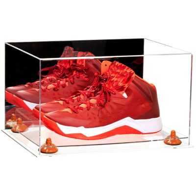 Better Display Cases Acrylic Shoe Pair Display Case - Large Rectangle Box with Mirror Case, Clear Base and Orange Risers 15.25" x 12" x 9" (A082/V13)