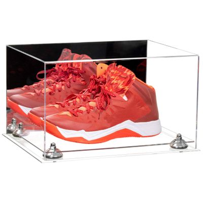 Better Display Cases Acrylic Shoe Pair Display Case - Large Rectangle Box with Mirror Case, Clear Base and Silver Risers 15.25" x 12" x 9" (A082/V13)