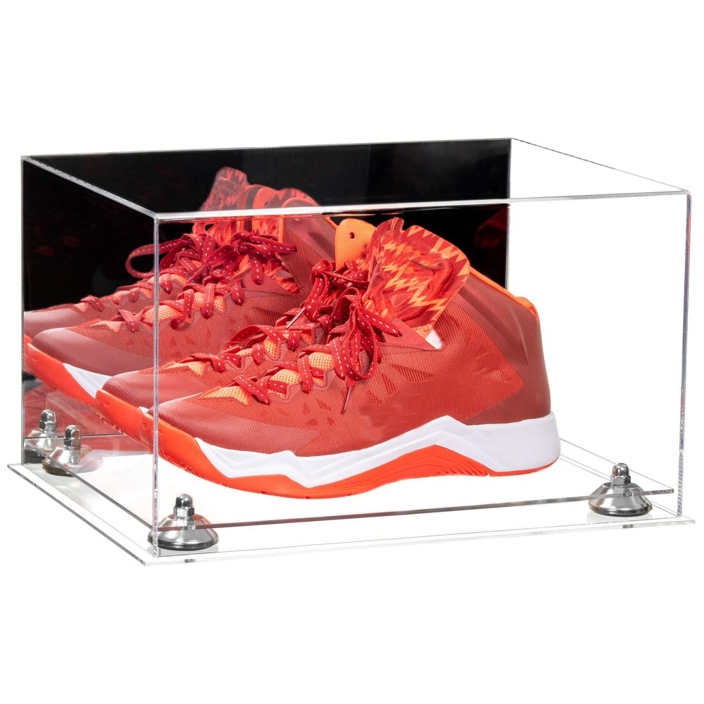 Better Display Cases Acrylic Shoe Pair Display Case - Large Rectangle Box with Mirror Case, Clear Base and Silver Risers 15.25" x 12" x 9" (A082/V13)