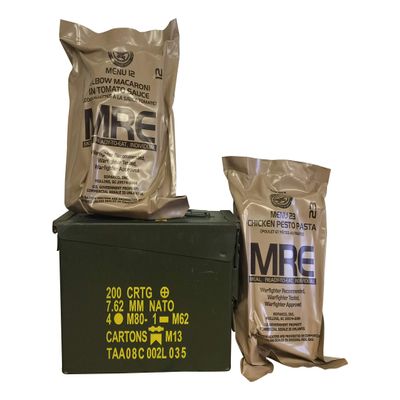 Ozark Outdoorz Military 2021 Inspection Date MREs (Meals-Ready-To-Eat) Pick a Can - Pick a Flavor-2021 Inspection Date MREs in Complementary Used Ammo Can (All Veggie, Grade 1 30 Cal Ammo Can)