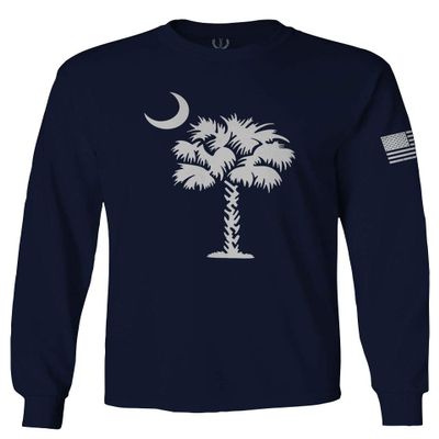 0337. South Carolina State Flag Logo Palmetto Men's Long Sleeve t Shirt (Navy Blue, Small)