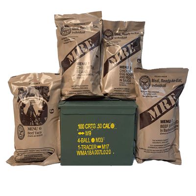 Ozark Outdoorz Military 2021 Inspection Date MREs (Meals-Ready-To-Eat) Pick a Can - Pick a Flavor-2021 Inspection Date MREs in Complementary Used Ammo Can (Random, Grade 1 50 Cal Ammo Can)
