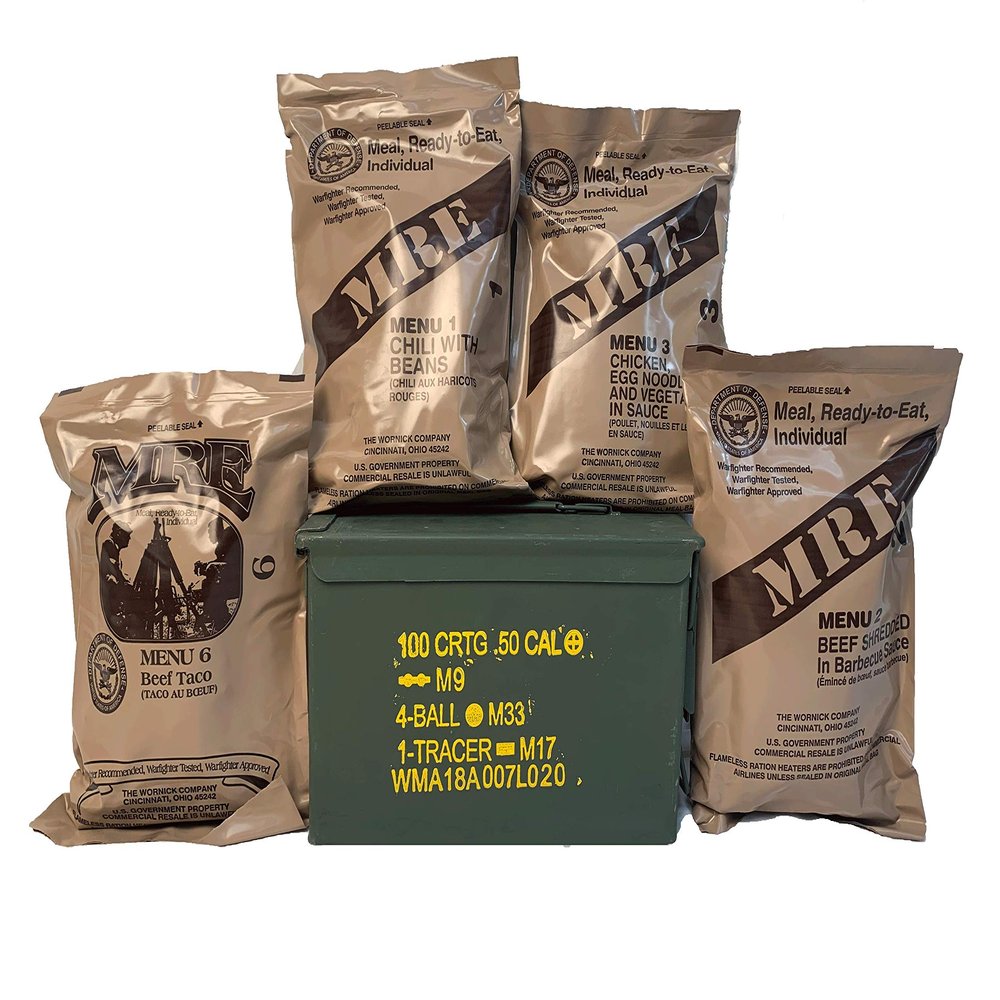 Ozark Outdoorz Military 2021 Inspection Date MREs (Meals-Ready-To-Eat) Pick a Can - Pick a Flavor-2021 Inspection Date MREs in Complementary Used Ammo Can (Random, Grade 1 50 Cal Ammo Can)