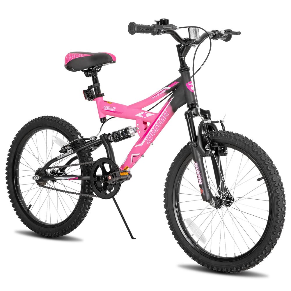 JOYSTAR Contender 20 Inch Kids Bike for Boys & Girls Ages 7-13 Years 20" Mountain Bike with Full Dual-Suspension Steel Frame and 1-Speed Drivetrain with Kickstand Pink