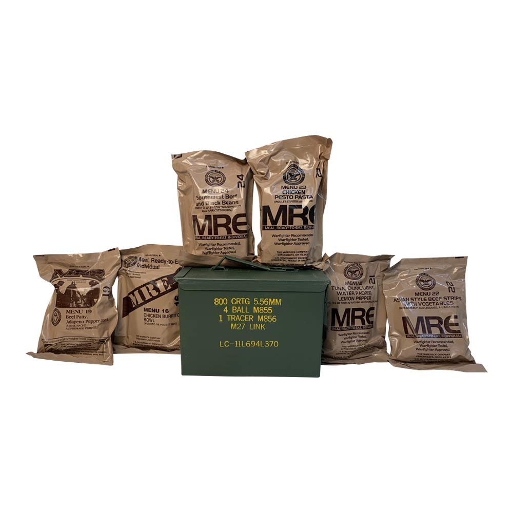 Ozark Outdoorz Military 2021 Inspection Date MREs (Meals-Ready-To-Eat) Pick a Can - Pick a Flavor-2021 Inspection Date MREs in Complementary Used Ammo Can (All Beef, Grade 1 Fat 50 Ammo Can)